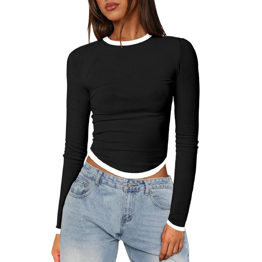 Women's Long-Sleeve Slim-Fit Color Block Crop Base Layer Top