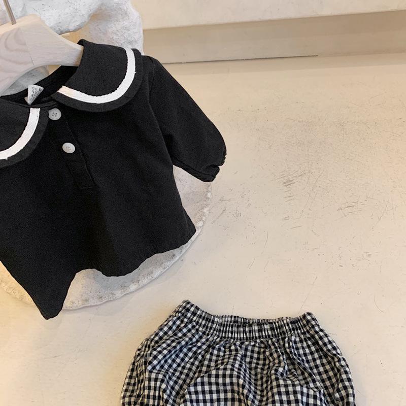 2024 Autumn Korean Navy Plaid Top & Shorts Set for Boys and Girls