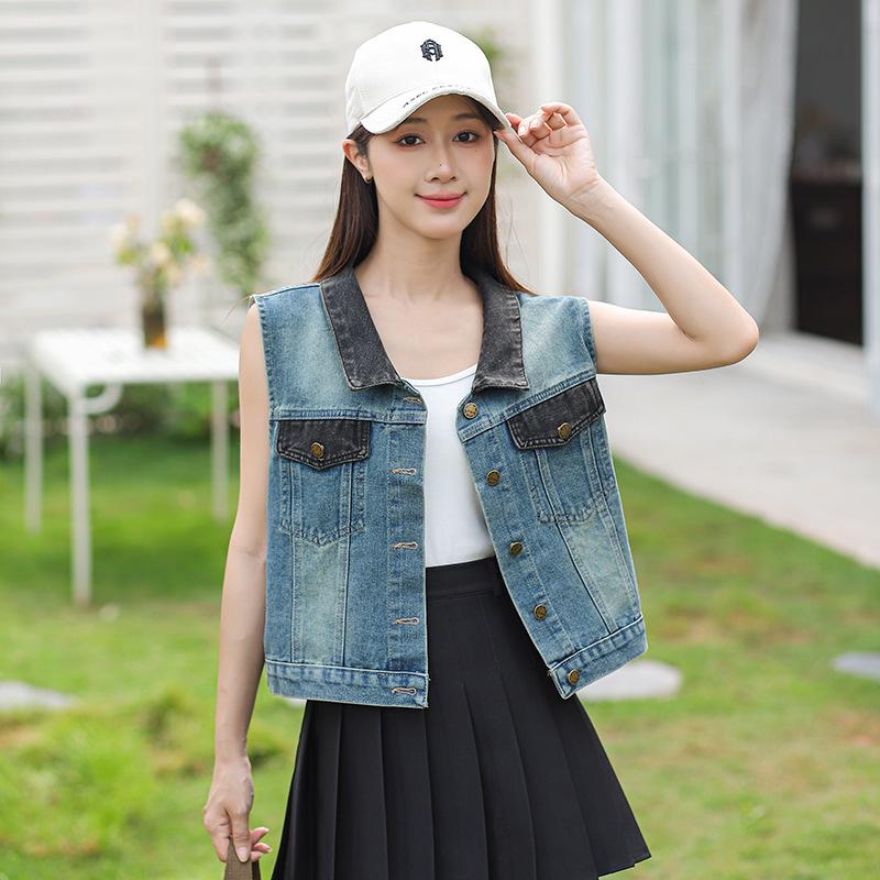 Women's Trendy Short Denim Vest with Pockets - Sleeveless and Slimming Shrug Top