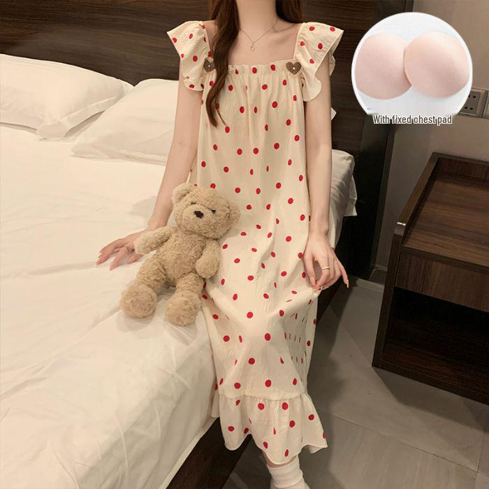 Women's Sweet Fairy Style Thin Cloud Cotton Camisole Nightgown with Built-in Bra for Indoor and Outdoor Wear