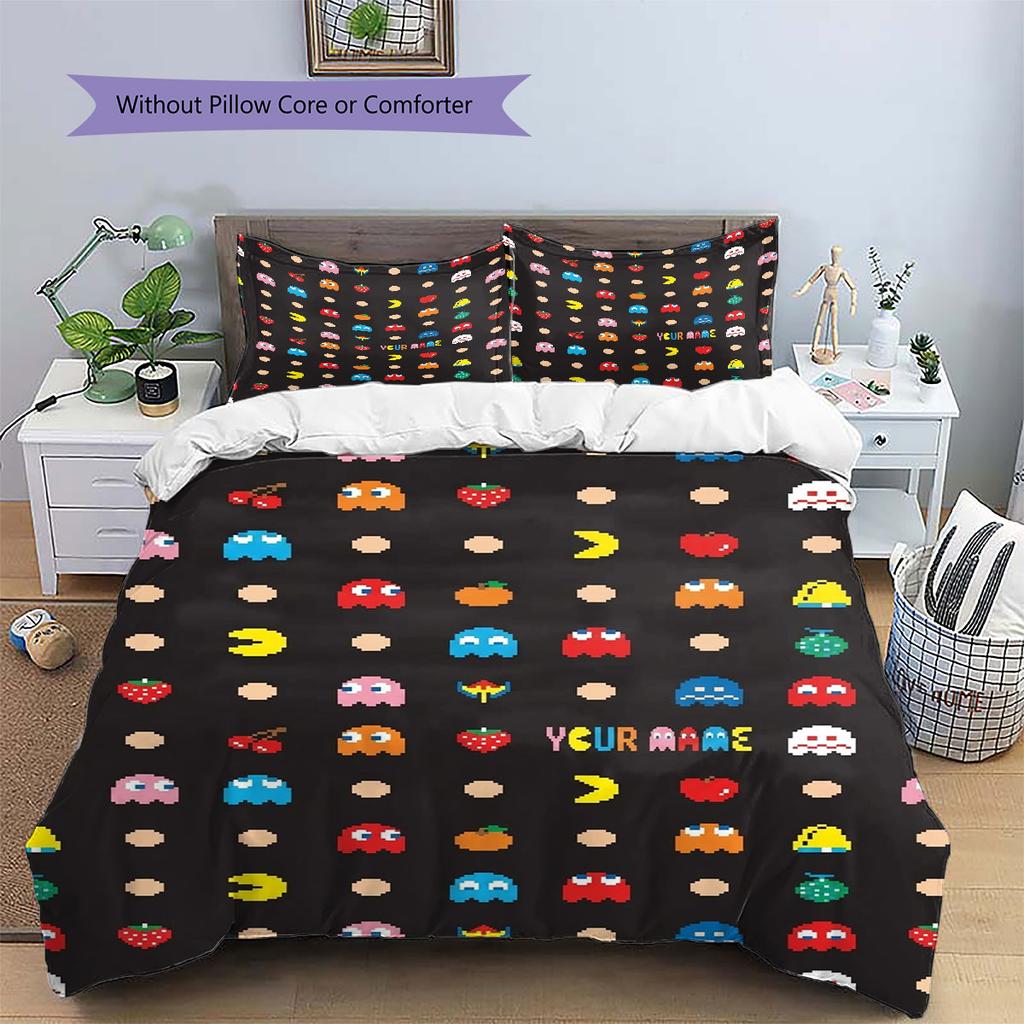 Pac-Man Custom Name Pattern Bedding,Quilt Set Quilt Cover Pillowcase Home Birthday Gift(1 * Duvet Cover + 2 * Pillowcase, Without Core)