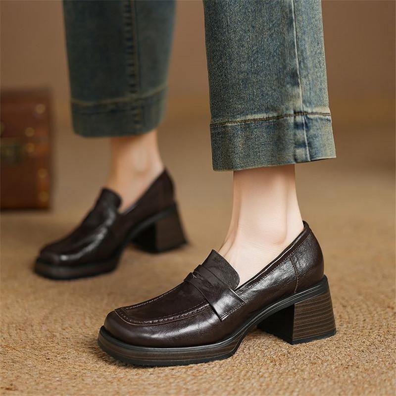 Fashion New Spring Genuine Leather Woman Shoes Square Toe Women Pumps Shoes for Women High Heel Platform Loafers Ladies Shoes Women