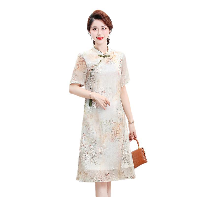 Elegant Summer Cheongsam Dress for Middle-Aged Women