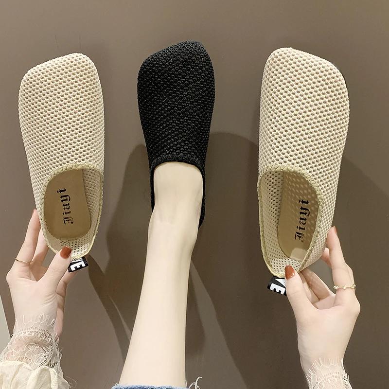 Fashion 2025 Summer Women Flats Hollow Design Breathable Mesh Casual Shoes Solid Color Square Toe Large Size Zapatos De Mujer Flats