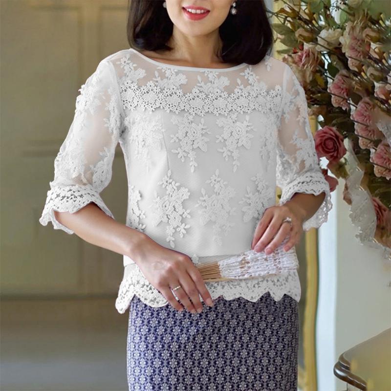 

ZANZEA Женская повседневная блузка с круглым вырезом и рукавами 3/4, кружевная вставка 4XL белый