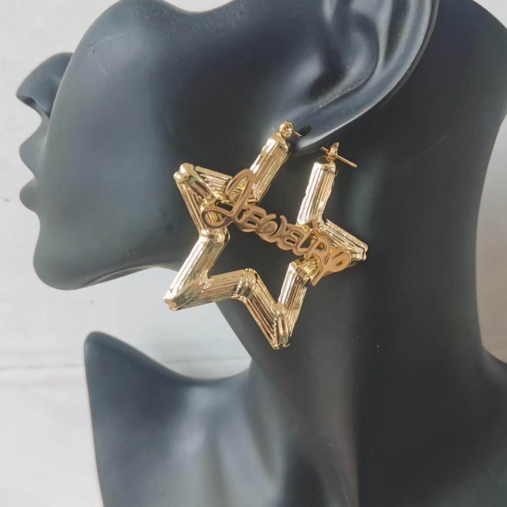 Qiuhan Personalization Nameplate Stainless Steel Custom Letter Name Star Hoop Earrings Jewelry Gift for Her 55mm&Star Hoop Earrings золотой