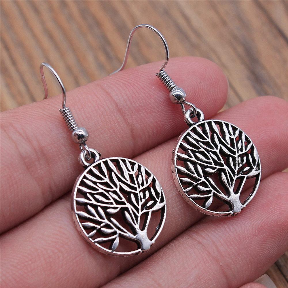 1 Pair Silver Plated Drop Earrings Women Hollow Out Tree Of Life Pattern Round Earring Moda Mujer Jewelry Fashion Pendientes