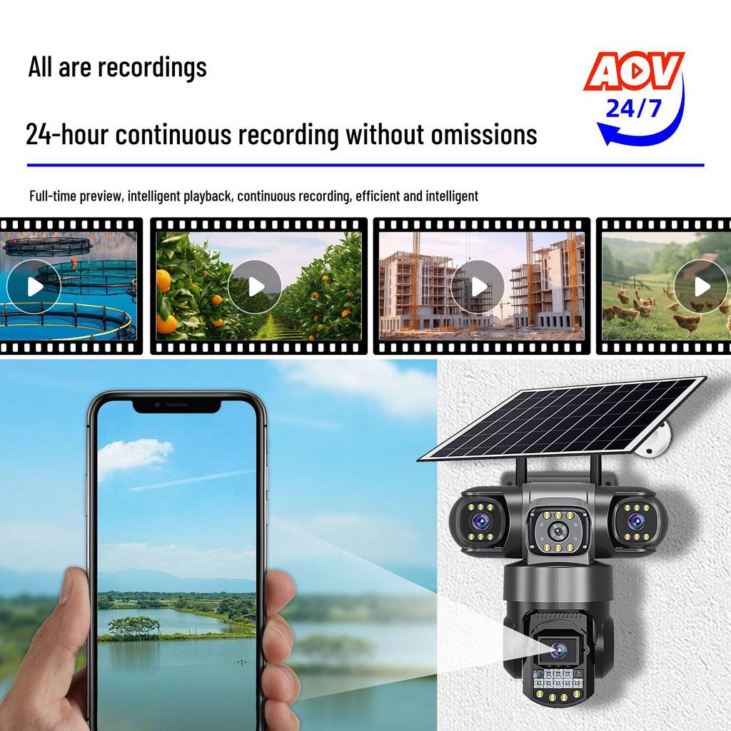 AOV Solar-Powered 4G Outdoor Surveillance Camera with Triple-Lens All-Day Recording