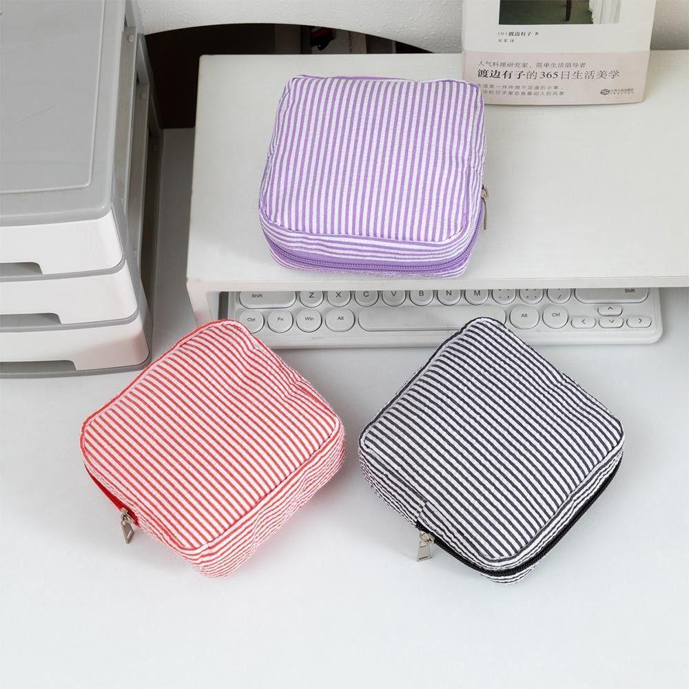 Durable Seersucker Sanitary Napkin Pouch Striped Pattern Multi-functional Mini Makeup Bag Coin Purse Women