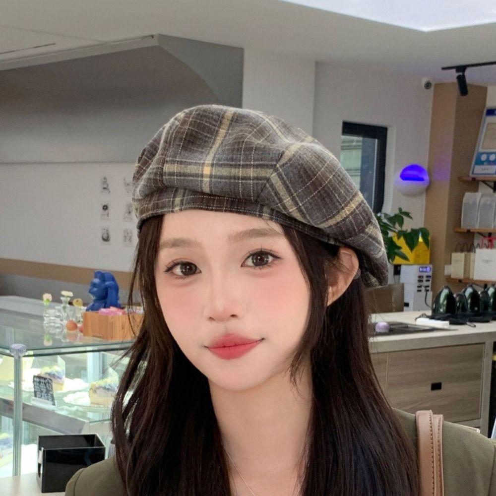 Y2K Plaid Beret Hat Street Style Painter Hat Casual Octagonal Hat  Girls