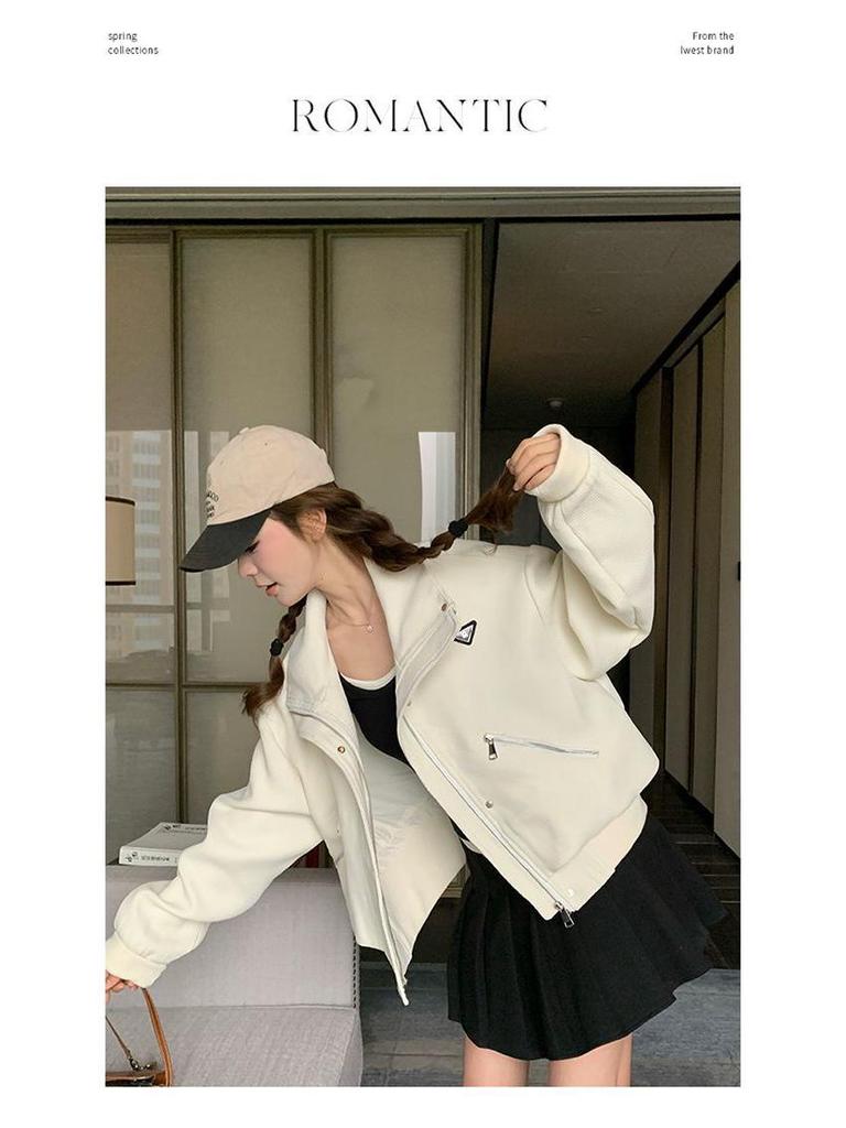 Plus Size Women's College Style Stand-Up Collar Autumn Jacket - Loose Fit, Niche Design