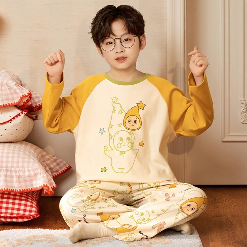 100% Combed Cotton Boys Pajama Set Long Sleeve Cartoon Print Sleepwear Teens 8 Years Lightweight Home Wear