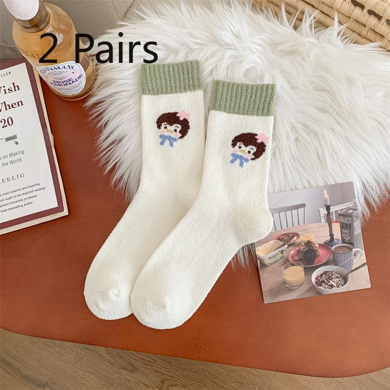 2 Pairs of Autumn and Winter Color-blocking Mid-calf Socks for Women, Thickened Warm Cartoon Cute Cotton Socks, Versatile Pile Socks