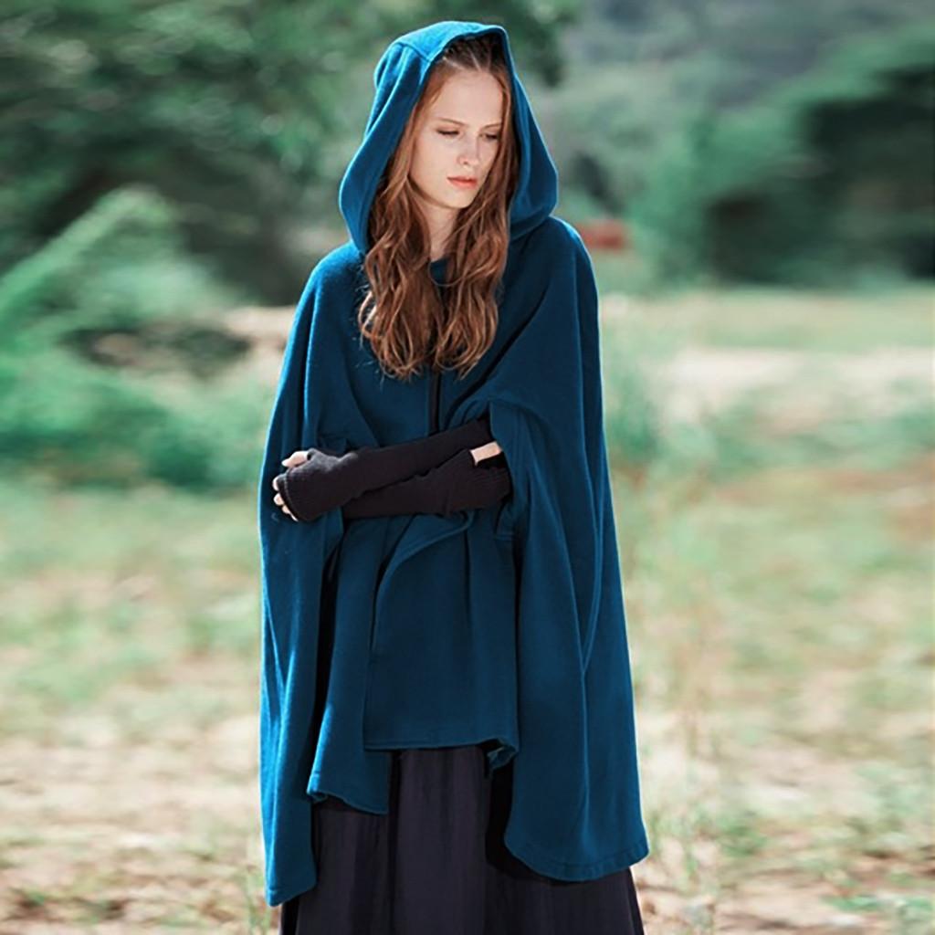 Herbst und Winter Damen Punk Style Lockeres Kapuzenknopf Tweed Lockeres Poncho Top