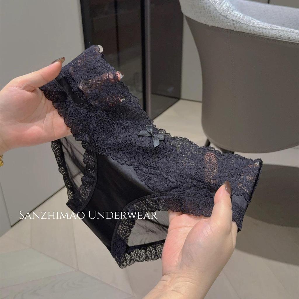 2025 Women's High-End French Lace Panties - Satin Ice Silk, Seamless, Mid-Low Waist, Plus Size