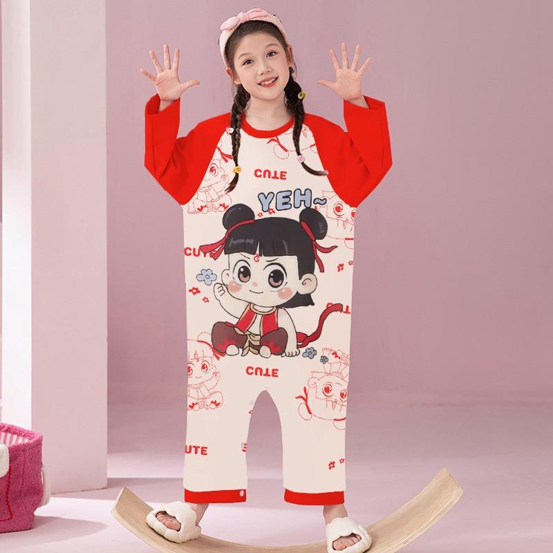 Girls Cotton Pajama Set Long Sleeve One-Piece Sleepwear Collection Cartoon Animal Print Kids Nightwear 3-8 Years