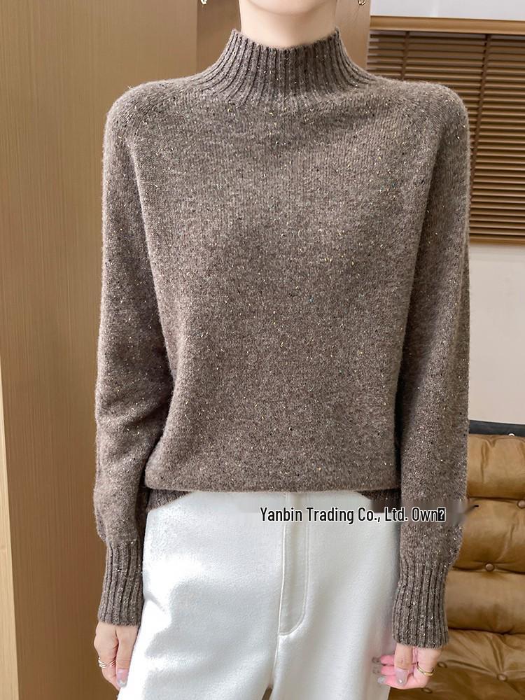 Women's Polka Dot Wool Sweater - Thick, Loose-Fit, Half-High Collar for Autumn and Winter Elegance