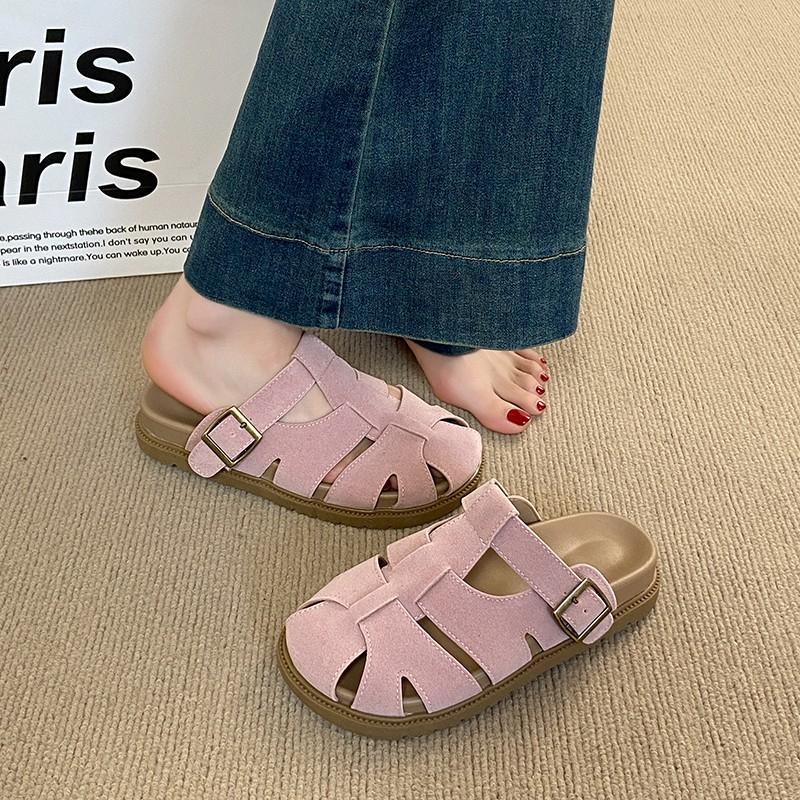 Fashion 2025 New Flock Shoes Ladies' Slippers Low Heels Summer Woman Cover Toe Low Platform Beach Fabric Rome Rubber