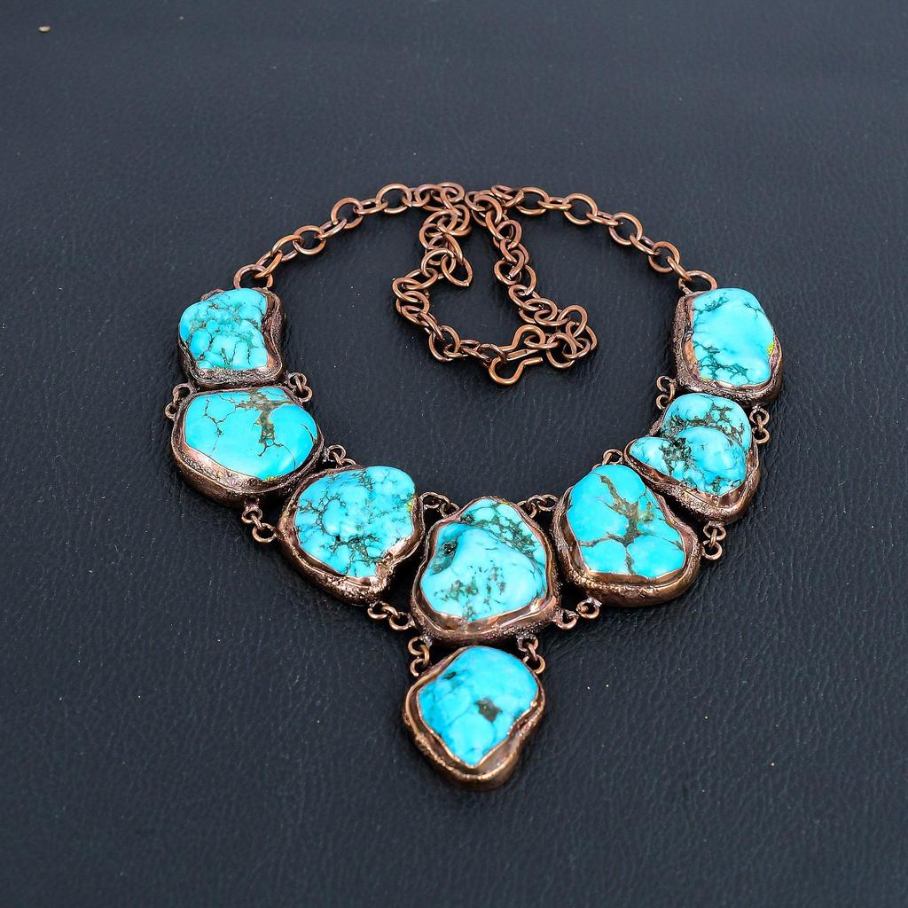 Turquoise Tumble Copper Electroformed Necklace with Adjustable Chain, Handmade Gemstone Jewelry Necklace For Memorial Day