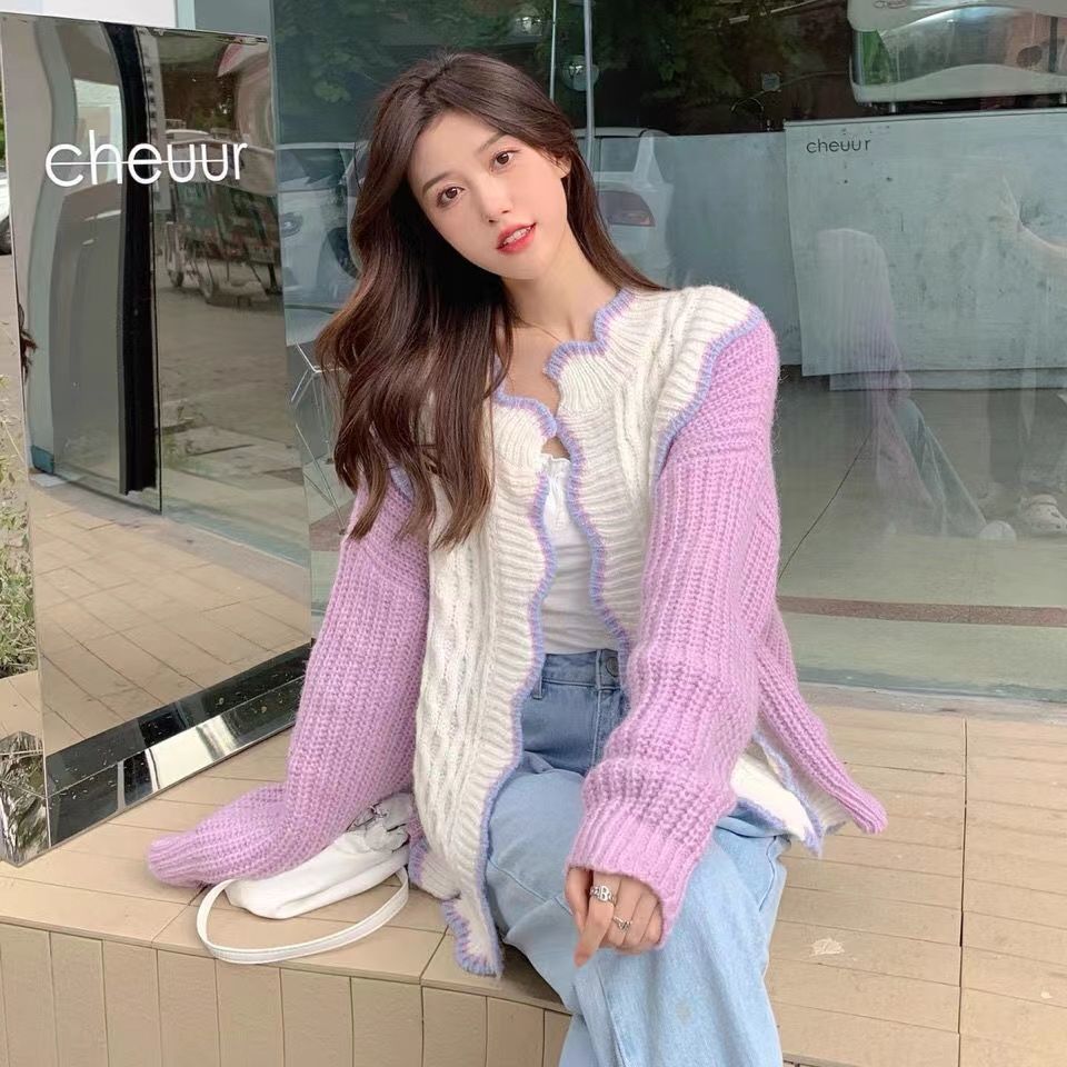 Purple Sweater Coat Autumn Women's Clothing Sweet Top Designed Niche Knitted Cardigan Early Spring Style