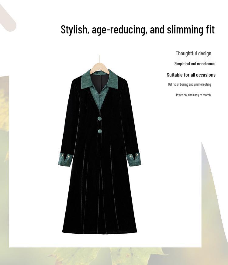 Spring V-Neck Gold Velvet Long Sleeve Dress for Middle-Aged and Elderly Women