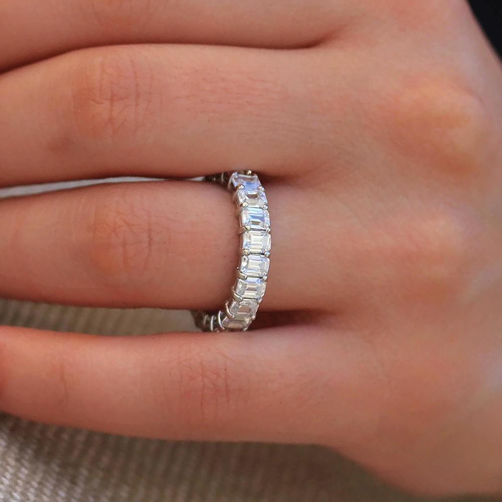 FEOBUR 2*4mm Emerald Cut All Moissanite Wedding Ring for Women Baguette Lab Diamond Eternity Band 925 Silver Jewelry