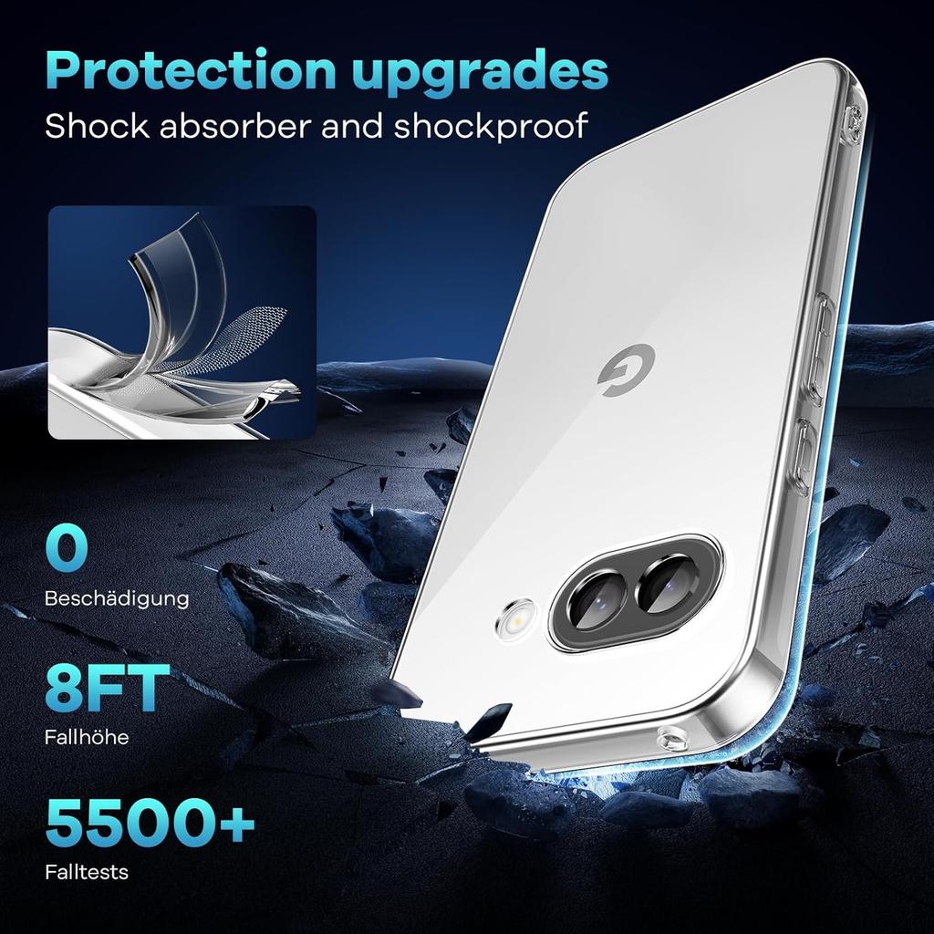 For Google Pixel 9a Case TPU Clear Phone Cover+2PCS Tempered Glass Screen Film 2.5D Arc Edge