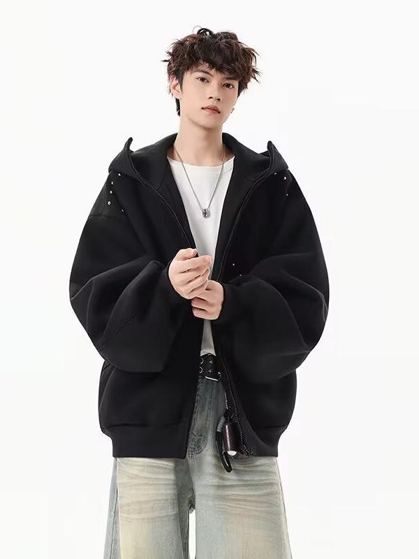 Men's Autumn/Winter Designer Rivet Patch Doberman Ear Hooded Sweatshirt - Trendy Versatile Heavyweight Cardigan Jacket