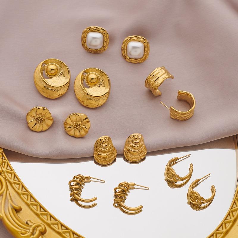 Niche personalized stainless steel with pearl beating pattern C-shaped sunflower spiral winding stud earrings