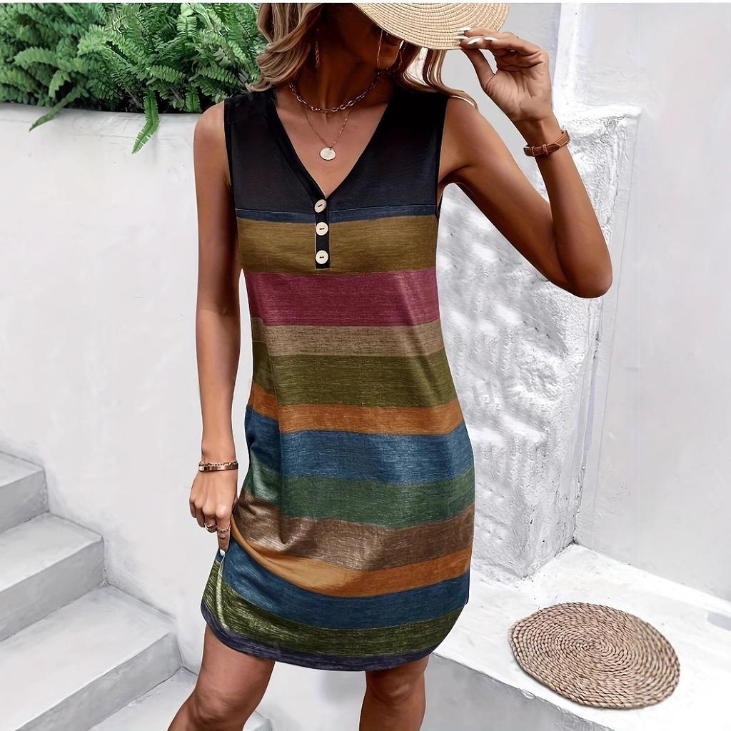 Knitted vest dress European and American new color matching sleeveless fashion V-neck seaside vacation dress