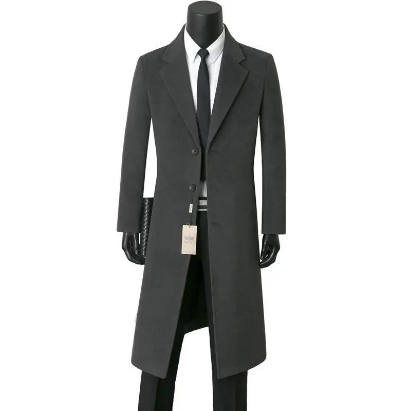 Autumn Winter Men's Woolen Overcoat Medium-Length Business Casual Warm Windbreaker Suit Collar Jacket for Dad