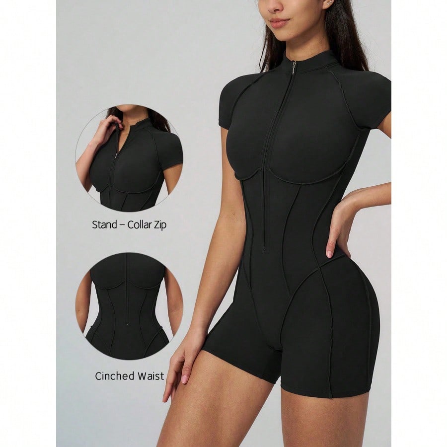 1pc Women's Solid Color Mandarin Collar Half Zip Fishbone Seam Jumpsuit Sports