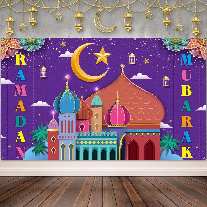 VIKAMA Ramadan Mubarak Tapestry Gold Mosque Lanterns Decorative Wall Art for Bedroom Living Room Aesthetic Festive Home Decor