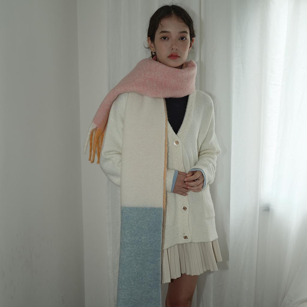 Warm Marshmallow Color Matching Wool Blended Tassel Large Plaid Tassel Scarf for Women Winter Thickened Scarf