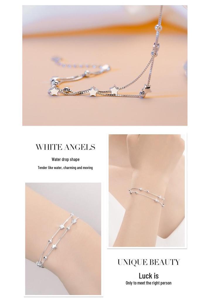 S925 Sterling Silver Double Star Layered Bracelet - Korean Style, Versatile Design, Perfect Gift for Girlfriend