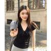 Black V-neck strap short-sleeved t-shirt women's front shoulder summer new short slim-fitting Korean beautiful small clothes