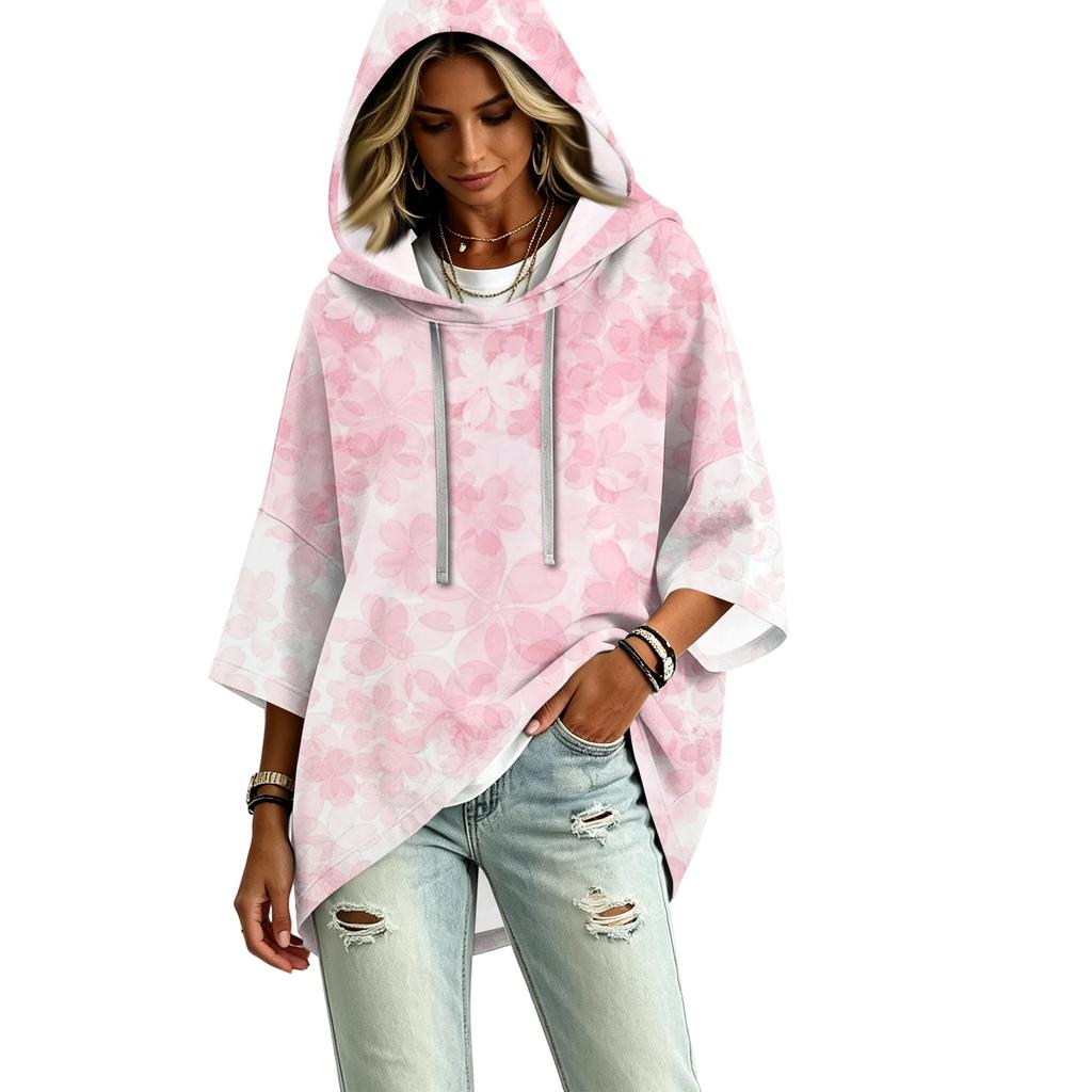 Women's Vintage Floral Print Hooded Pullover Top with Three-Quarter Sleeves for Casual Daily Wear