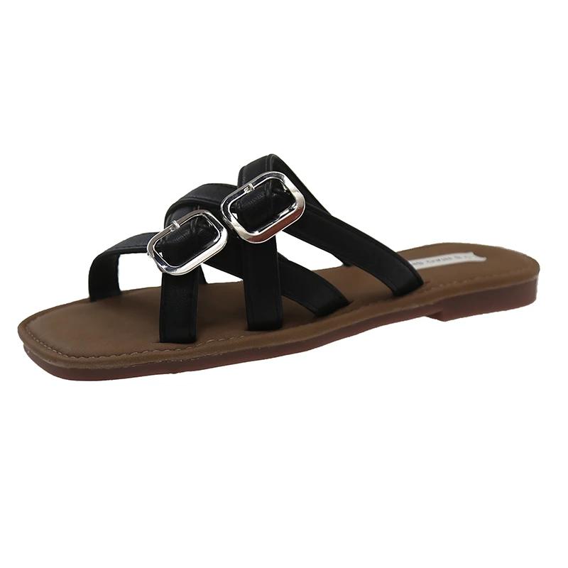 Mode 2025 Ny Sommar Öppen Tå Mode Smal Rem Dubbelknäppt Spänndesign Fyrkantig Tå Strandflipflops Platta