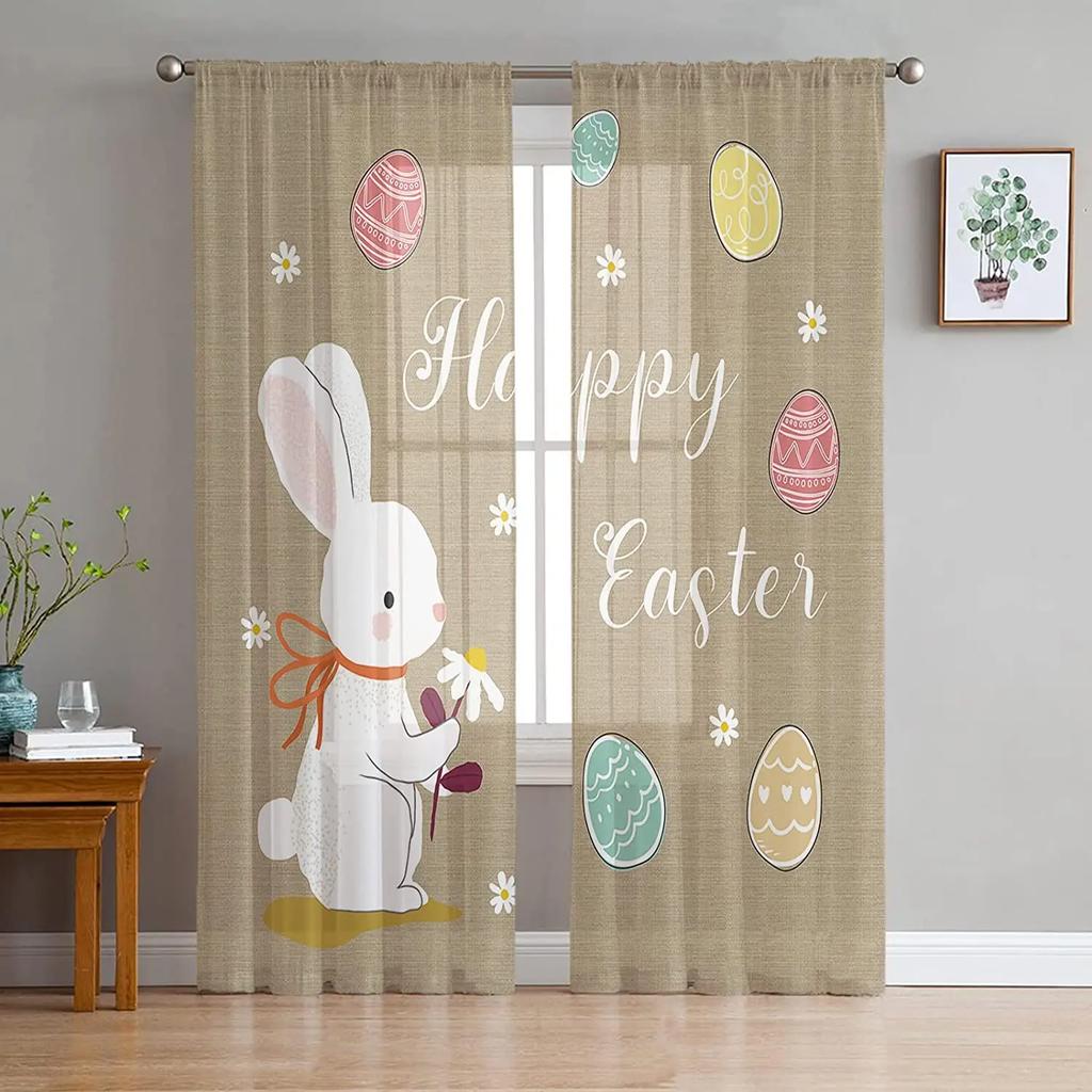 Sheer Easter Window Curtains Bedroom Living Room Egg Bunny Spring Flower Chiffon Voile Drapes Curtain Made Of Polyester Washable Sitting Ready