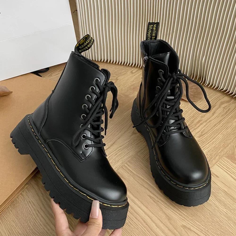 

Women Boots Goth Casual Shoes Woman Leather Chelsea Classic Motorcycle Female Goth Shoes High Platform Boots Women Botas Mujer 40 чёрный
