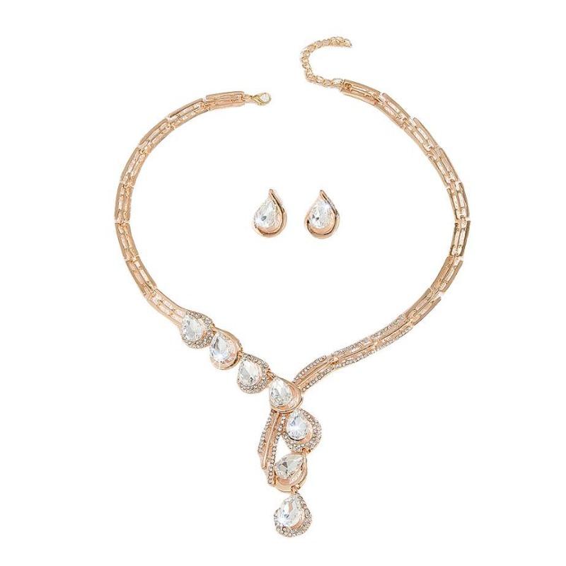 Gold Jewelry Set White Rhinestone Crystal Necklace Earrings Set Women's Jewelry