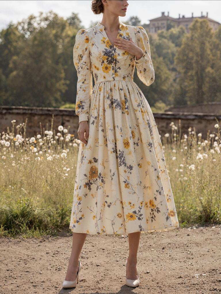 Vintage Casual V-Neck Floral Long Sleeve Women's Dress Maxi Dress Spring New Arrival