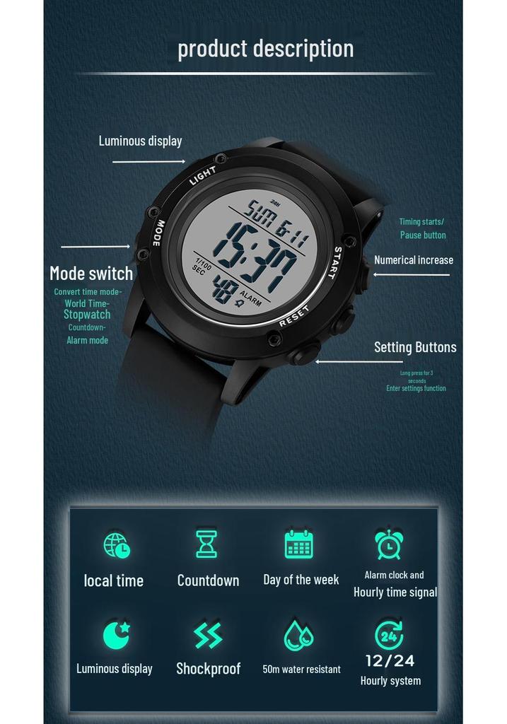 Sanda Wasserdichte Leuchtende Sport-Armbanduhr für Herren - Einfache Multifunktionale Elektronische Uhr