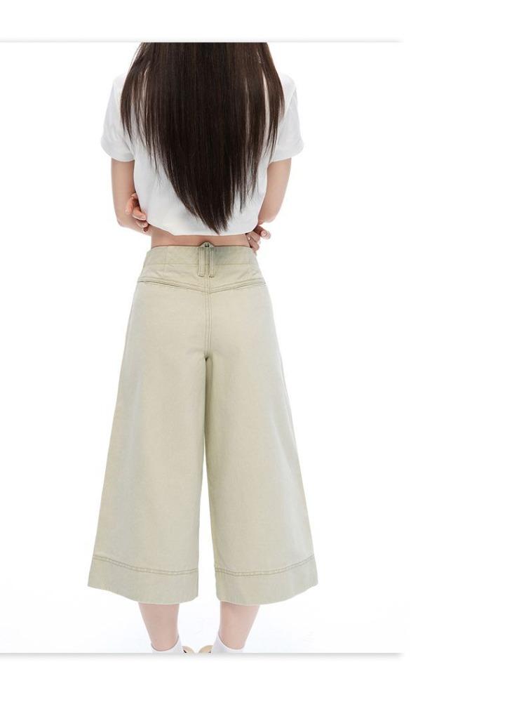 Trendy Summer Vintage High Waist Draped Wide Leg Straight Denim Cropped Capri Pants Versatile Slimming Classic Daily Pants