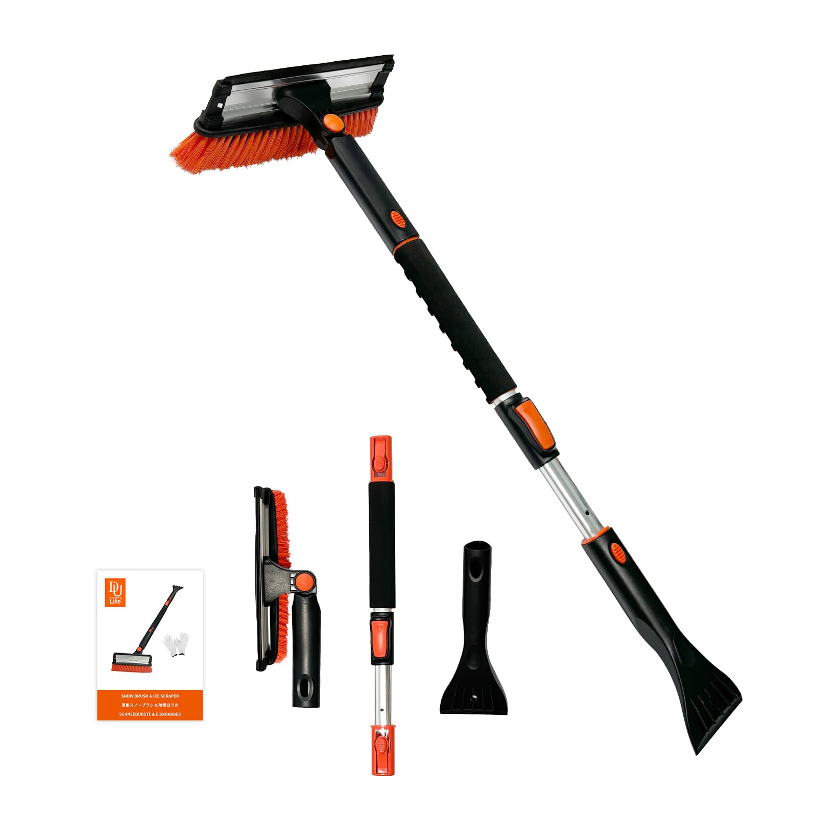 

DU Life Автомобильная снежная щетка Скребок для снега Снег с 3 регулируемыми высотами Мгновенно восстанавливает Передняя снежная щетка Автомойки и Телескопический алюминиевый снег оранжевый