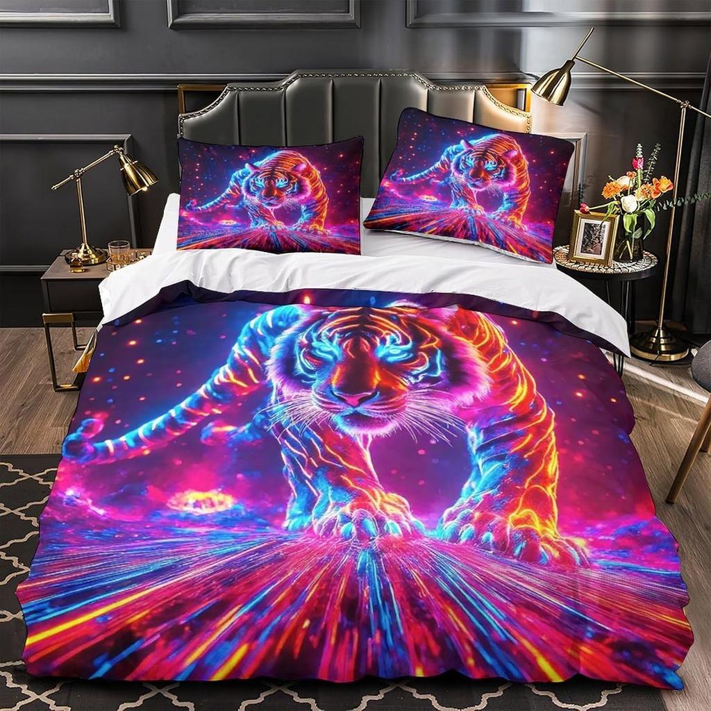 Colorful Fantasy Tiger 3D Digital Printing Bedding Set, Microfiber Quilt Cover With Zipper For Adults Teenagers Children Single
