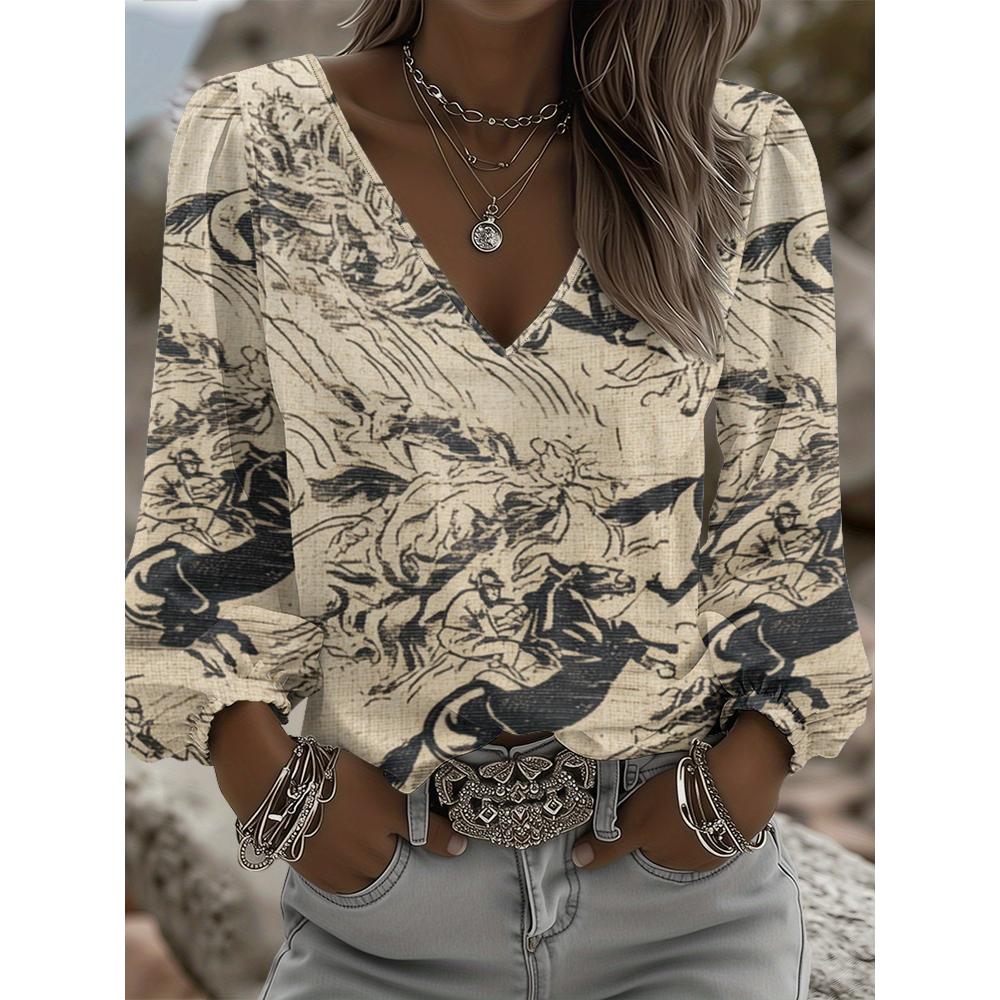 Retro ethnic V-neck women's long-sleeved top, lantern sleeve blouse, suitable for ranch party outfits and daily western clothing.