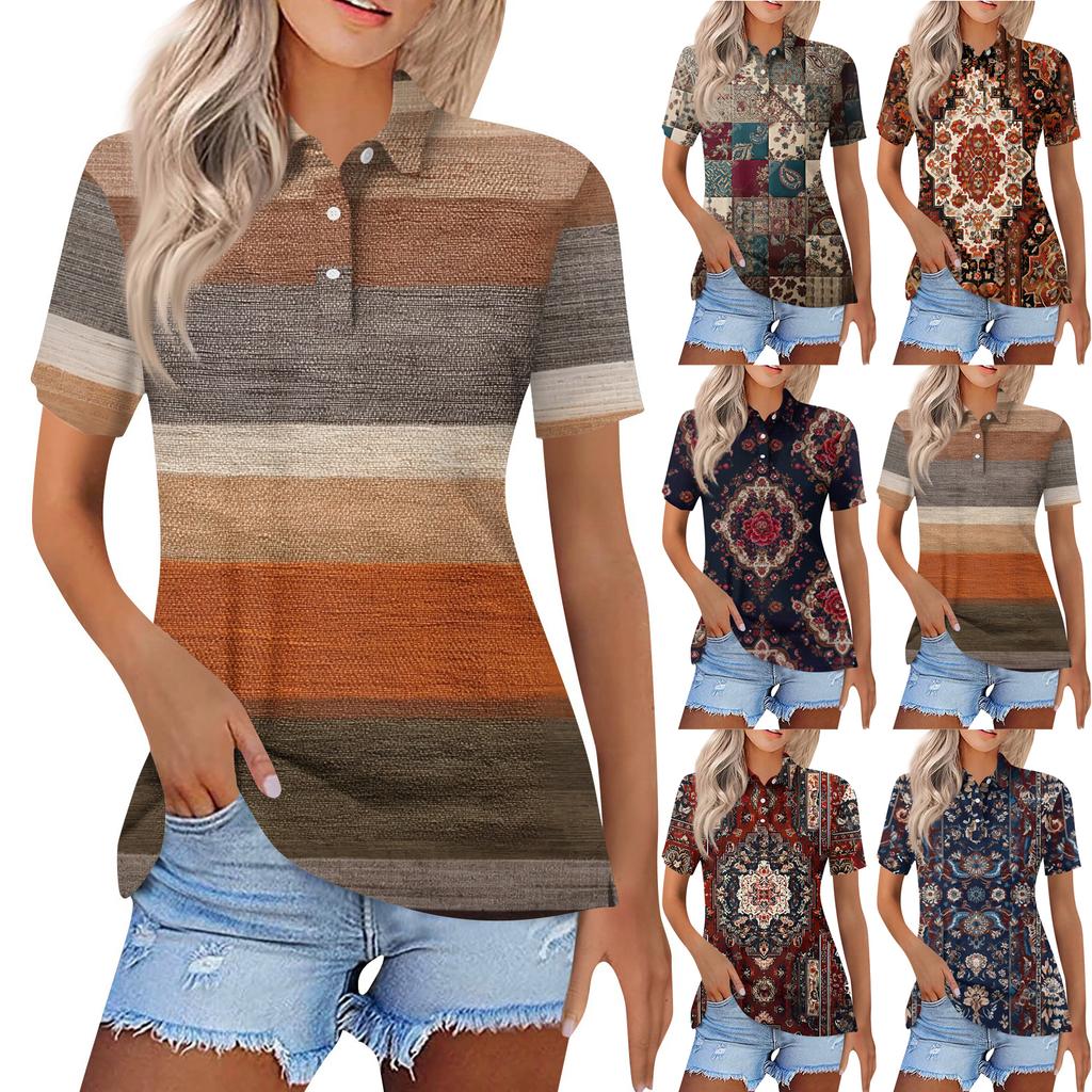 Dámská móda Neformální košile s potiskem s klopou a krátkým rukávem Dámské topy se zapínáním na knoflíky
