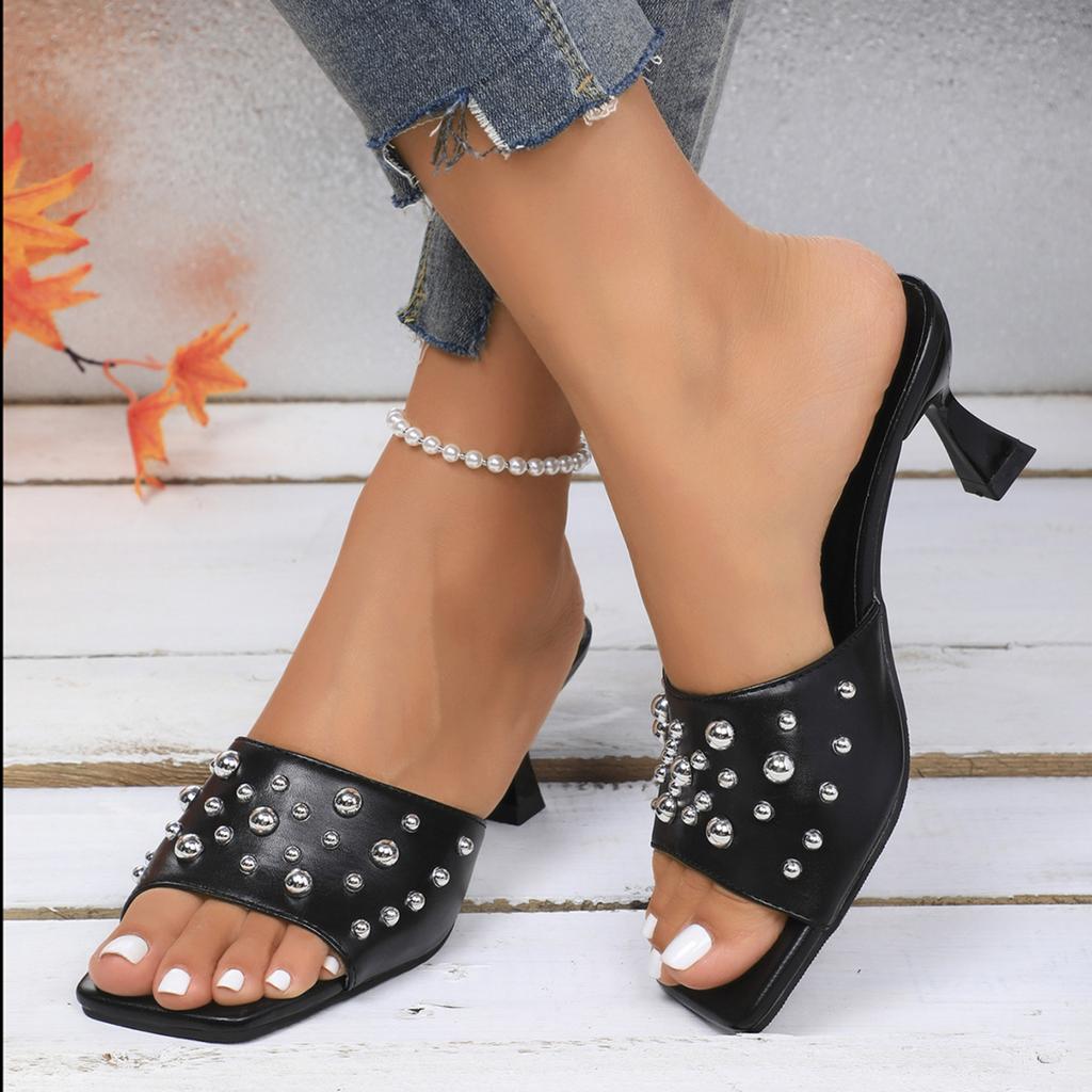 European And American Plus Size Studded Open-toe High Heels, Strappy High-heeled Mules