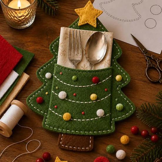Christmas Cutlery Holder Felt DIY Kit, Holiday Flatware Pouch Craft Set, Handmade Utensil Sleeve for Dinner Table, Xmas Party